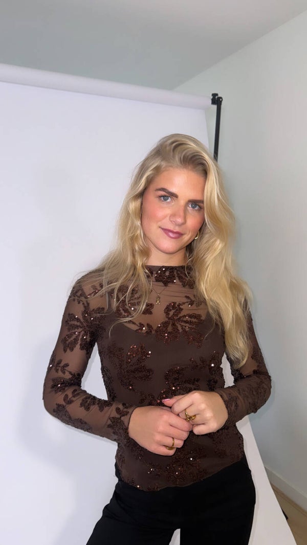 Mesh glitter top brown
