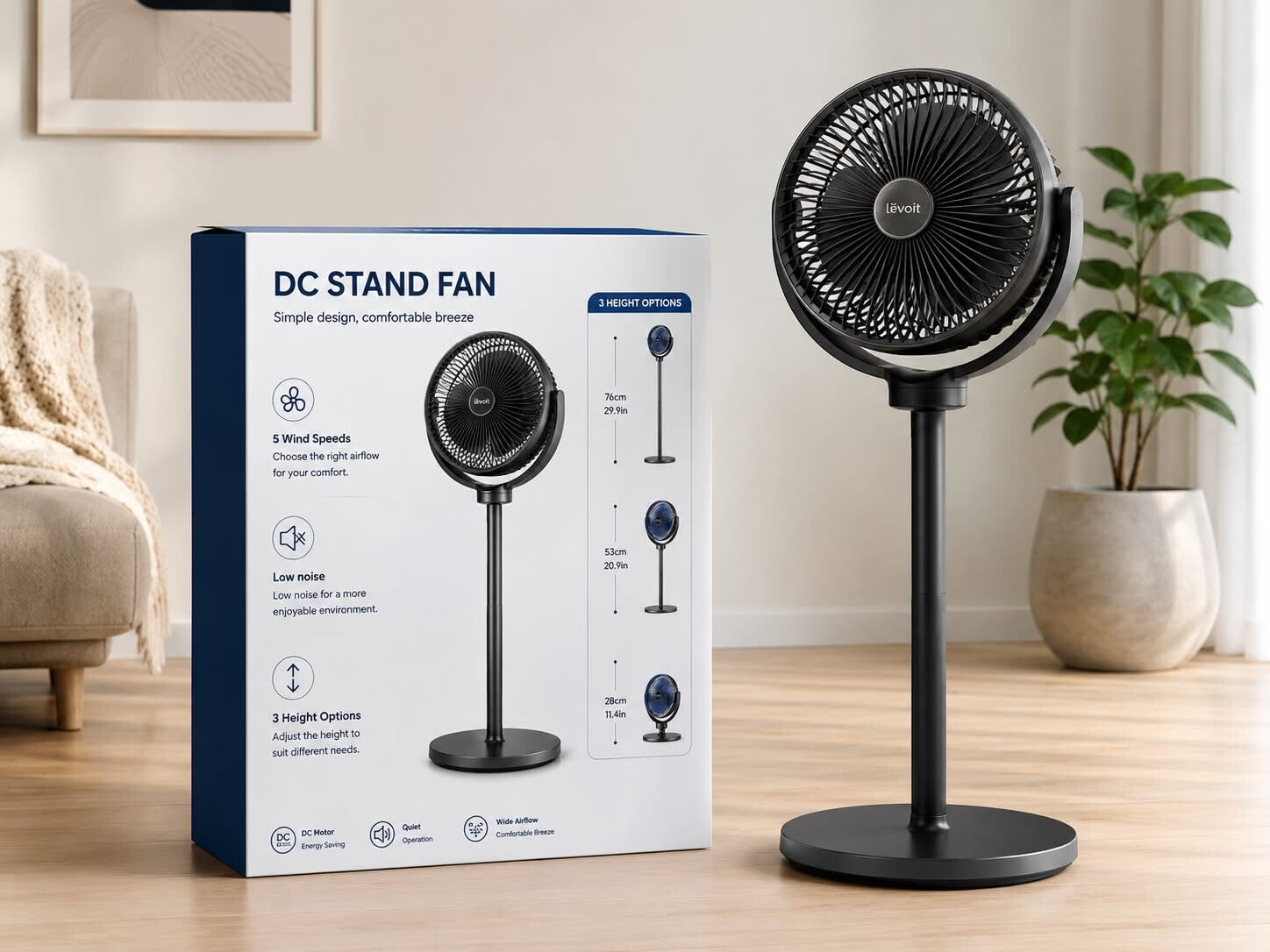 3-in-1 Modern Air Circulator Fan 5 Speeds 4 Heights Quiet Portable Pedestal Stand Fan USB-C for Home Bedroom Office RV Camping