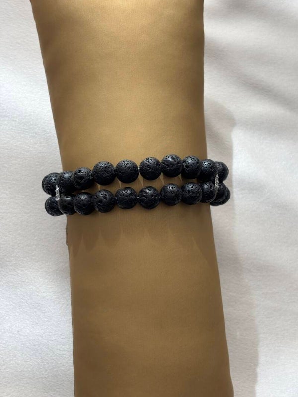 Zwarte dubbele lavasteen(edelsteen) armband met Swarovski