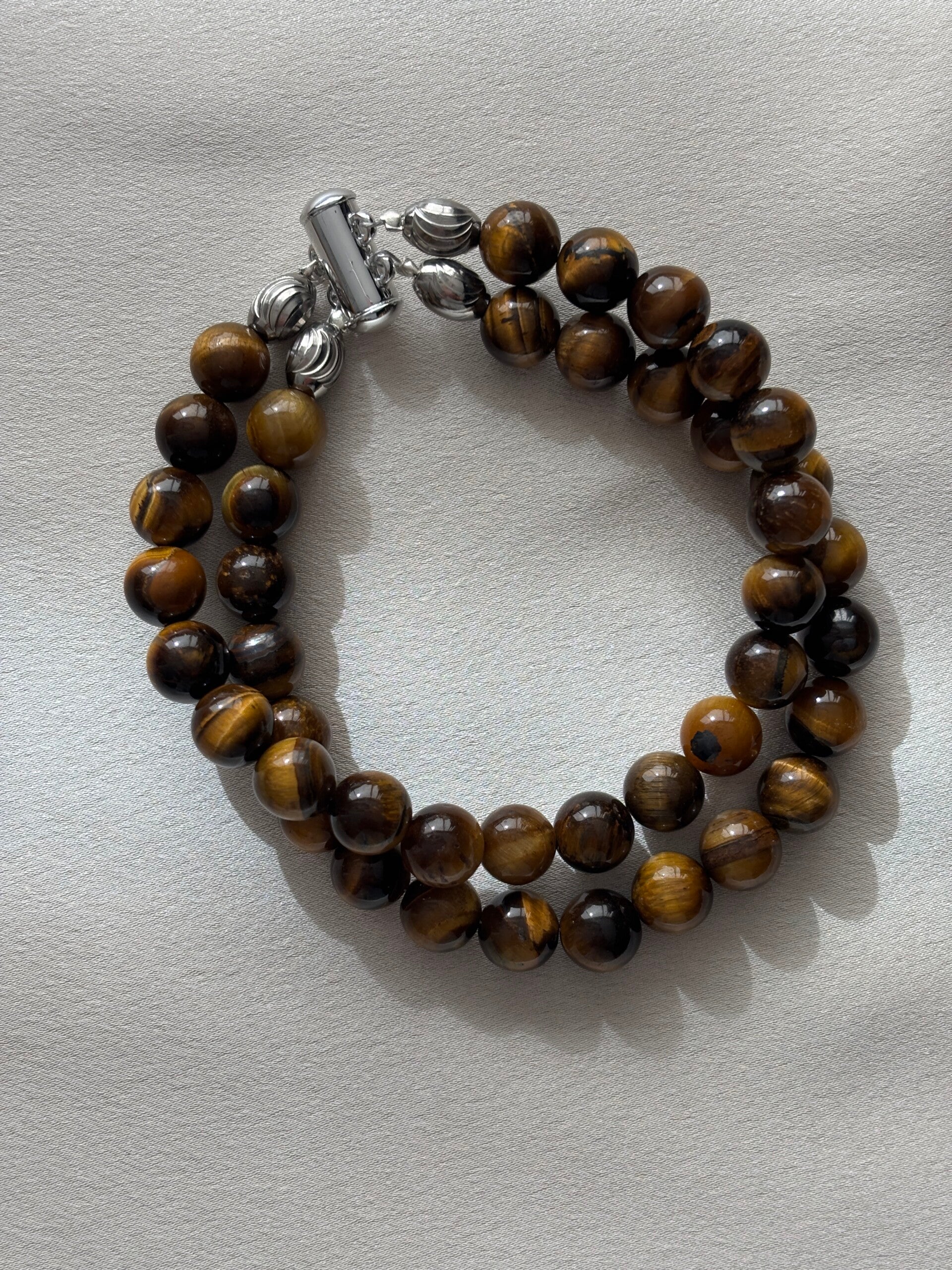 Dubbele armband van Tijgeroog(edelsteen) met luxe zilveren magneetslot