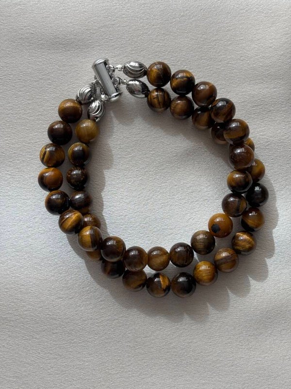 Dubbele armband van Tijgeroog(edelsteen) met luxe zilveren magneetslot