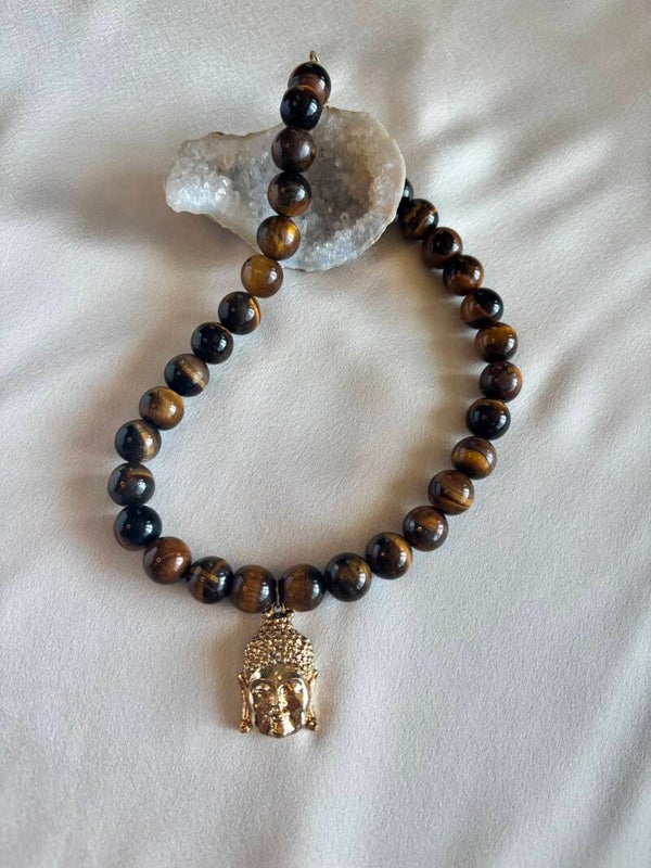 Collier van tijgeroog met Budha bedel