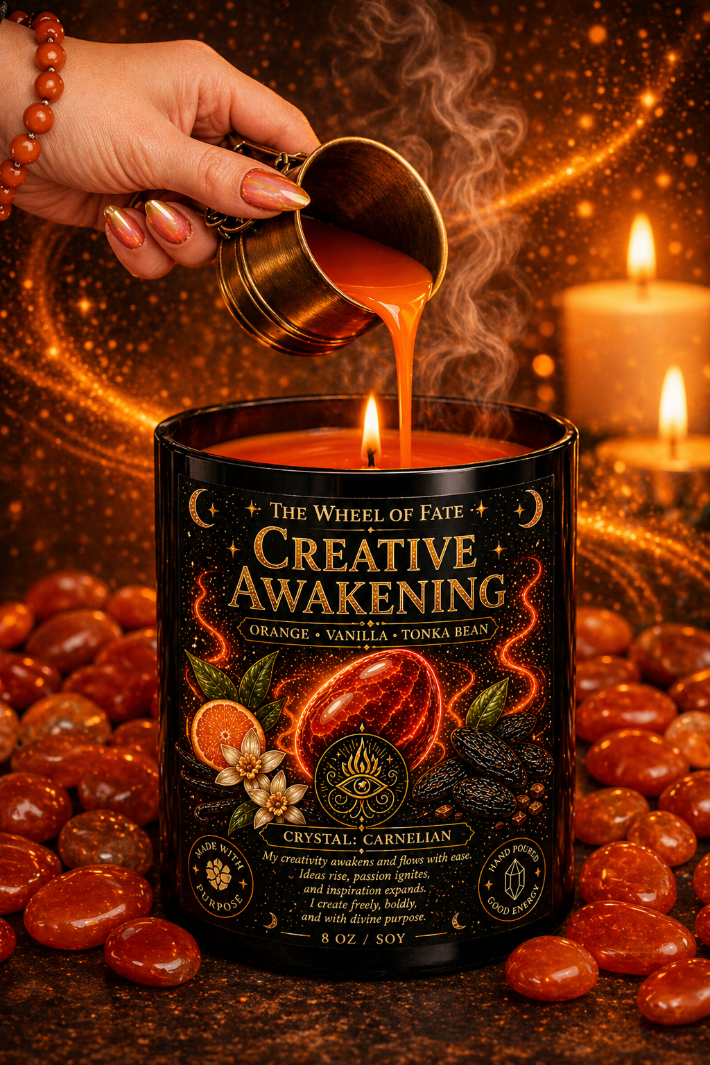 Creative awakening Candle Crystal Pairing: Carnelian