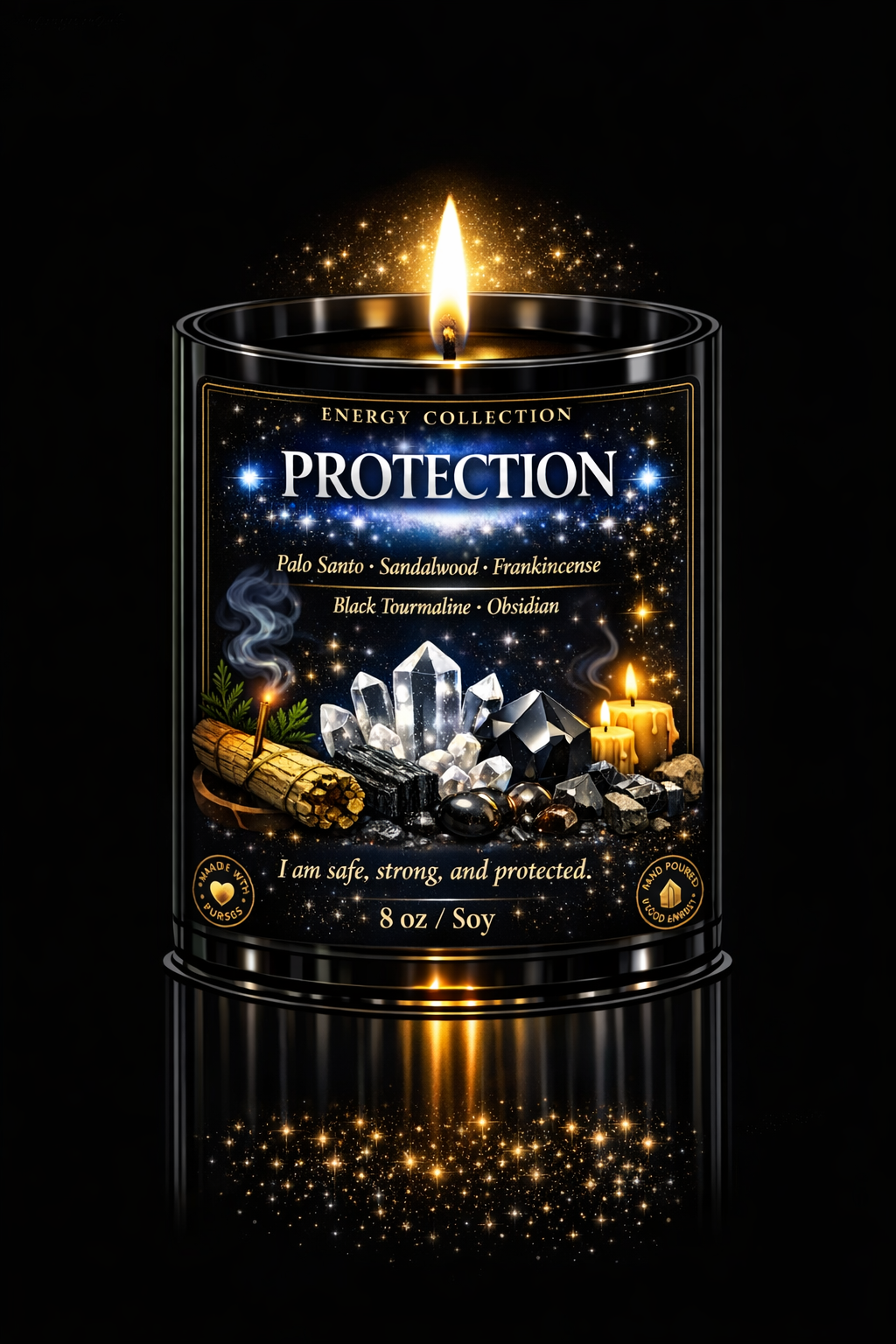 PROTECTION – Energy Collection Candle with Black Tourmaline & Obsidian