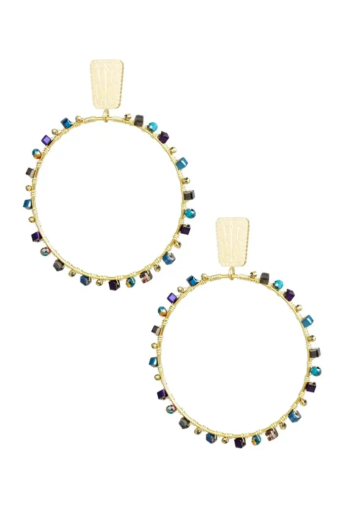 Oorbellen rond met kraaltjes - goud/blauw