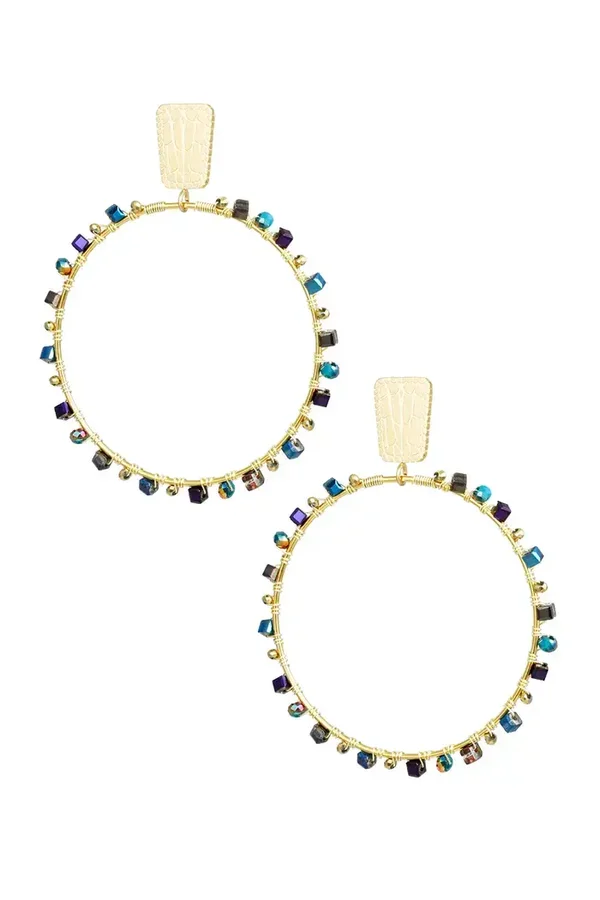 Oorbellen rond met kraaltjes - goud/blauw