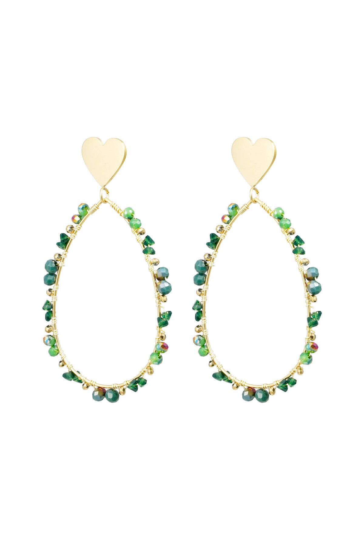 Oorbellen ovaal met kraaltjes en hart - goud/groen