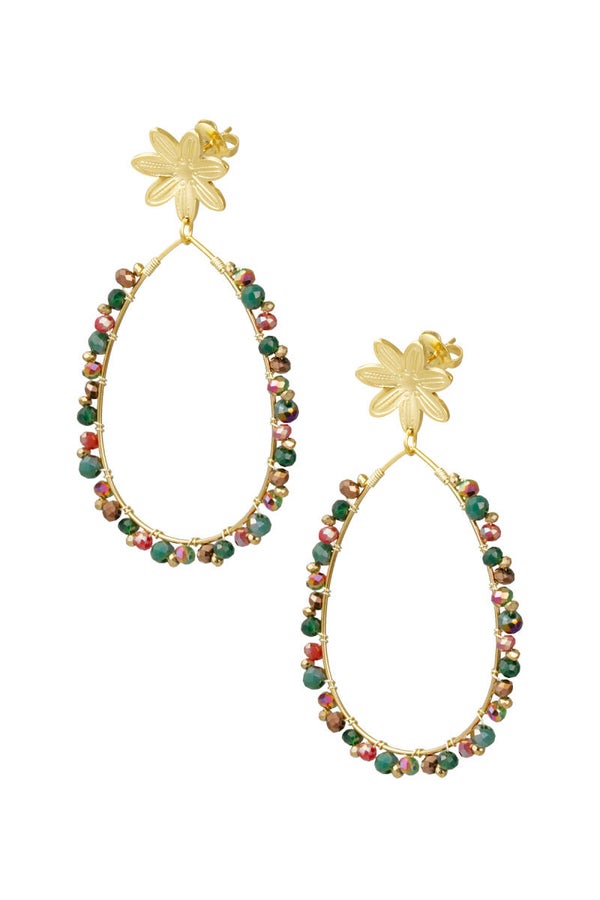 Oorbellen druppel met kraaltjes en bloem - goud/groen