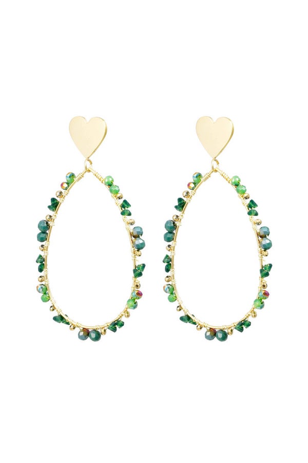 Oorbellen ovaal met kraaltjes en hart - goud/groen