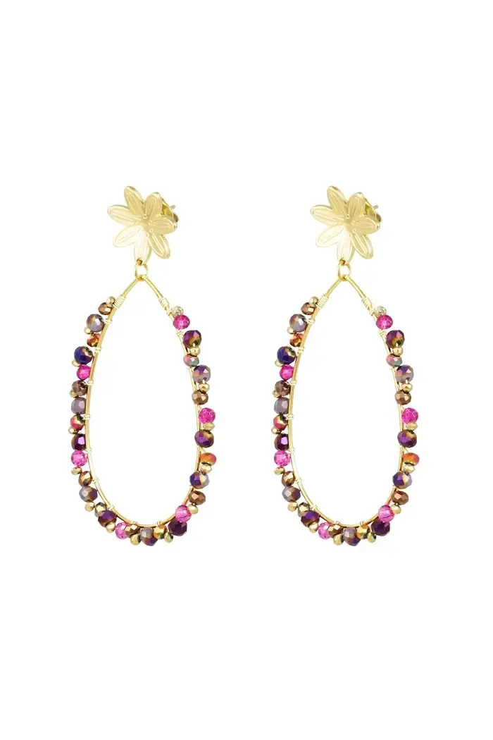 Oorbellen druppel met kraaltjes en bloem - goud/roze
