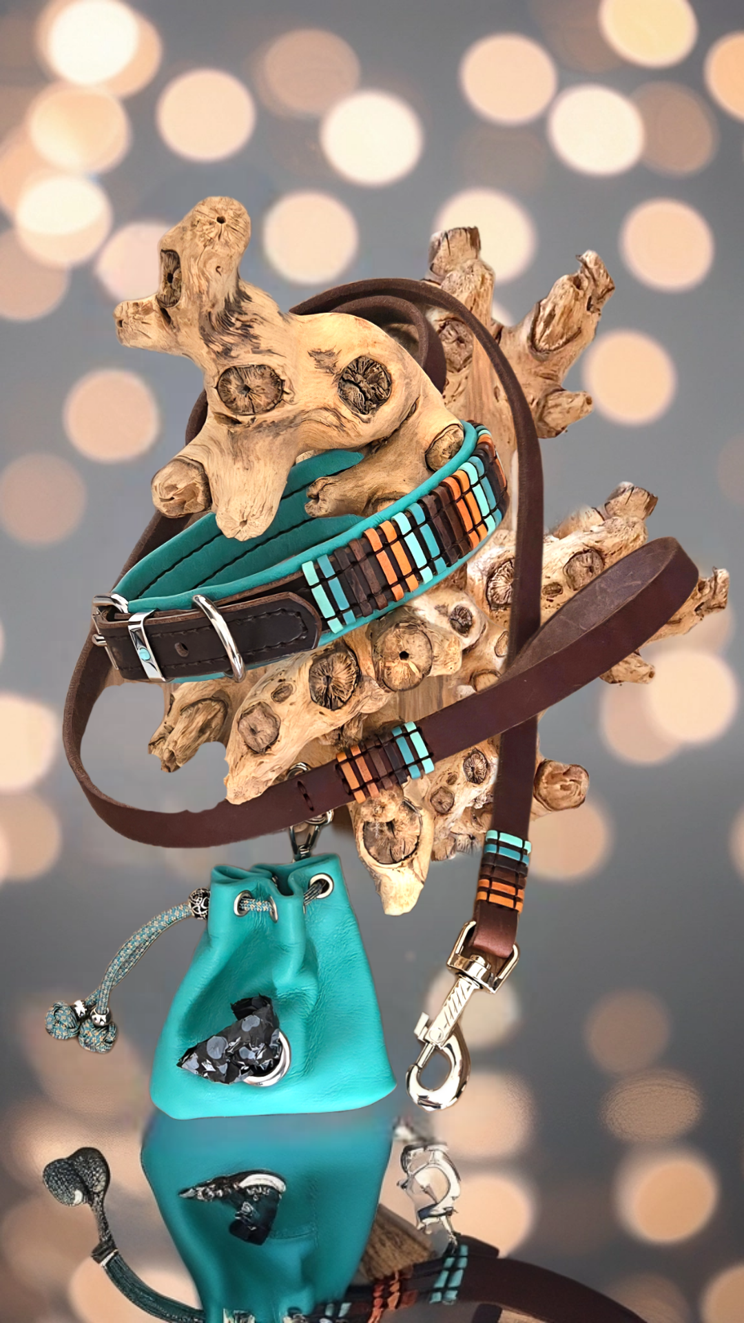 Leather dog collar, leash & poop bag dispenser