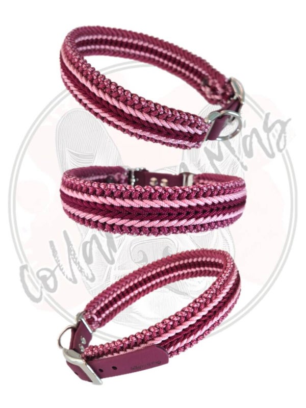 Adjustable paracord dog collar - Design Luna - Wine Pink - W: 26mm