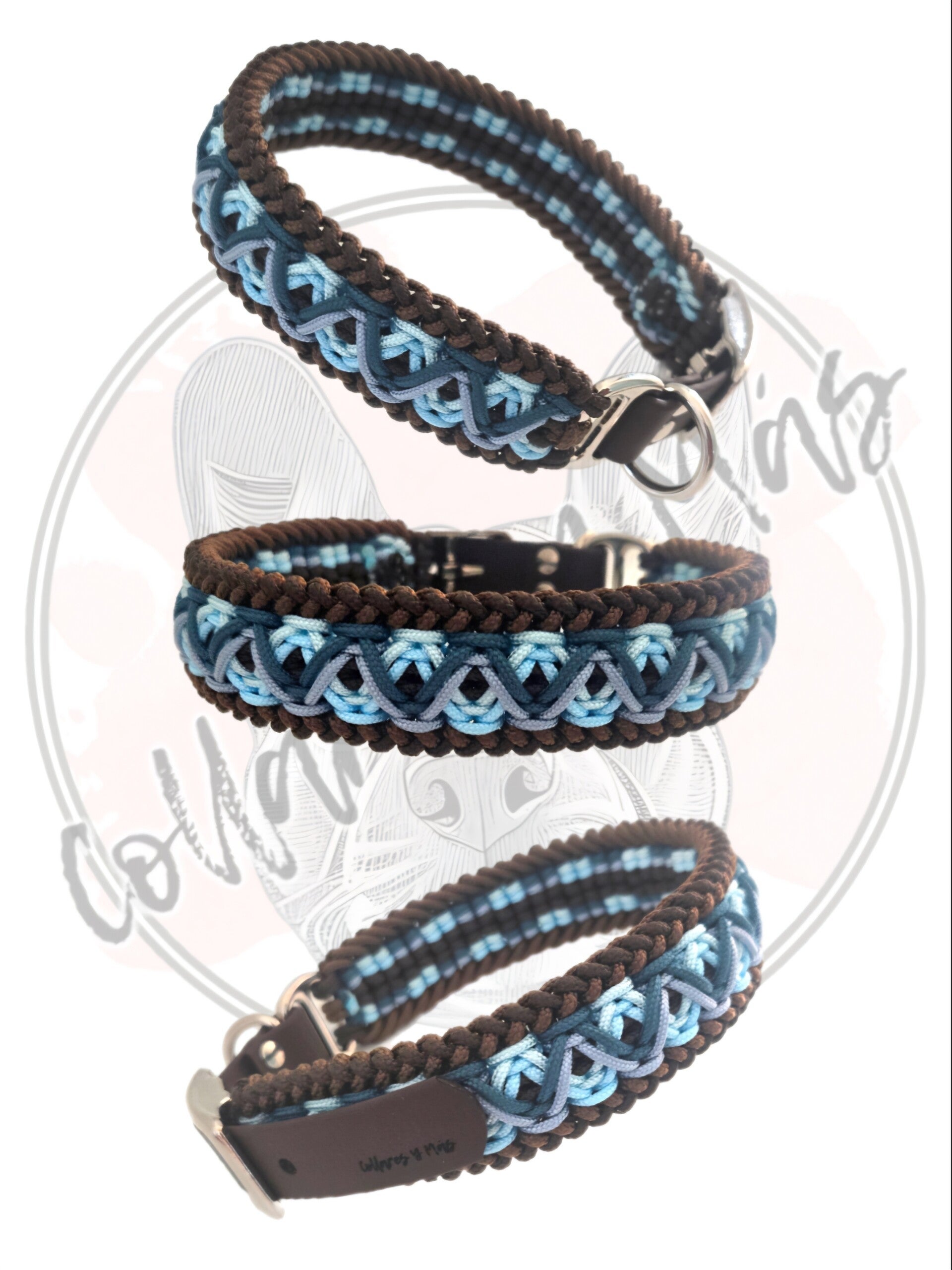 Adjustable Paracord Dog Collar - Design Hippie - Blue Brown- W: 29mm