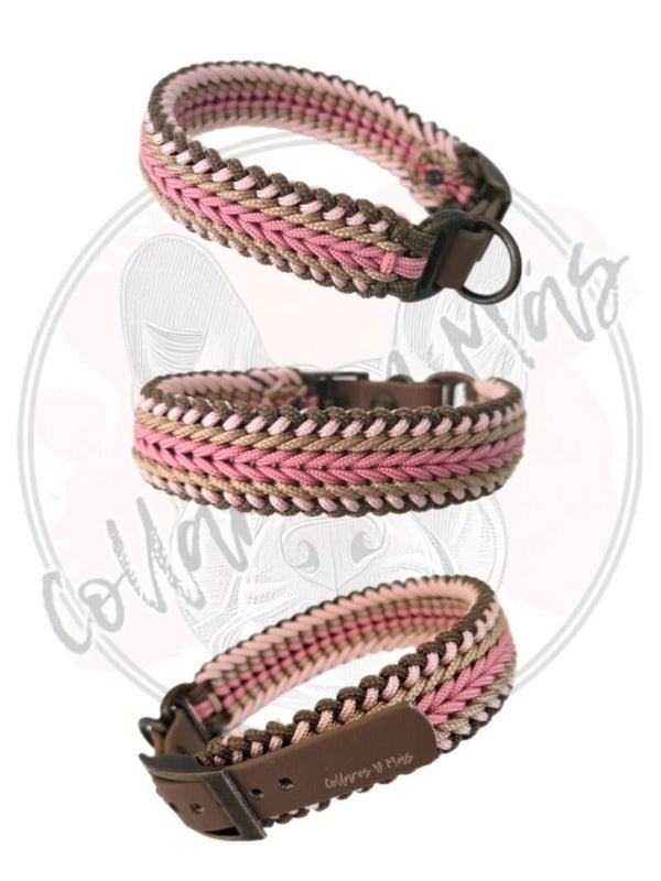 Adjustable paracord dog collar - Design Luna - Brown Pink - W: 24mm