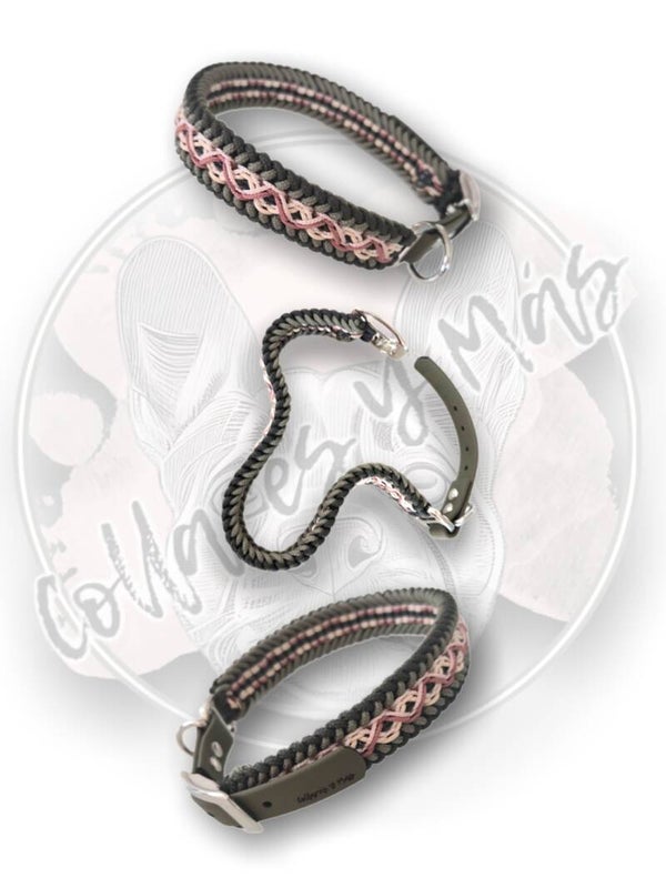 Adjustable Paracord Dog Collar - Design Hippie - Green Dusty Pink - W: 22mm
