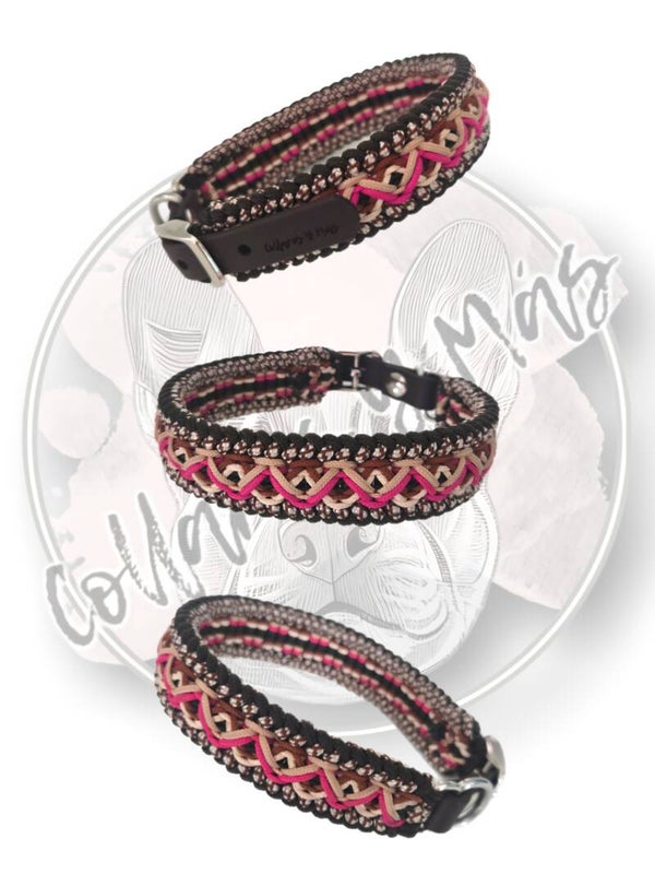 Hippie - Adjustable Paracord Dog Collar - Brown & Pink - W: 22mm