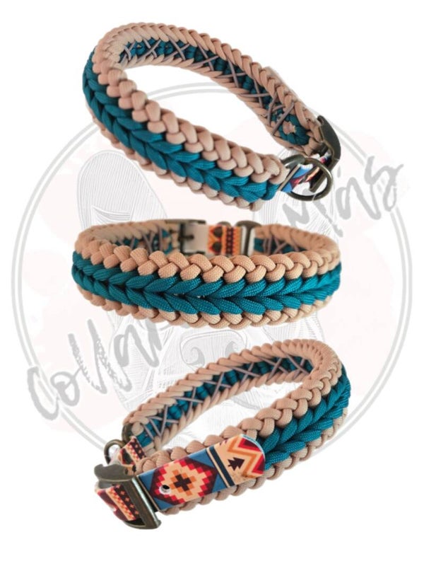 Adjustable paracord dog collar - Design Smoothie - Teal Beige - W: 31mm