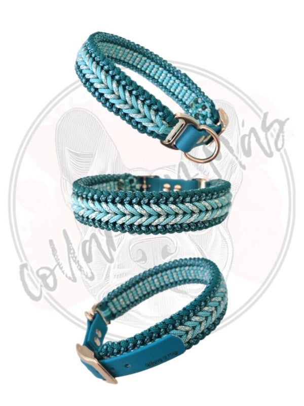 Adjustable paracord dog collar - Design Happy - Turquoise Teal - W: 24mm