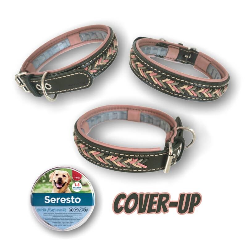 Leather Seresto Cover-Up collar in military dark green 