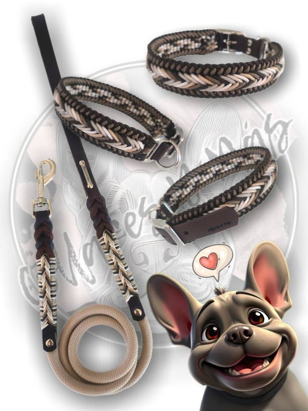 Handmade Set Paracord Collar & Leash with Leather - Brown