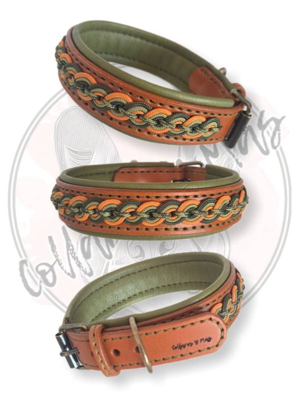 Luxury Adjustable Saddle Leather Dog Collar - Cognac - Green - W: 32mm
