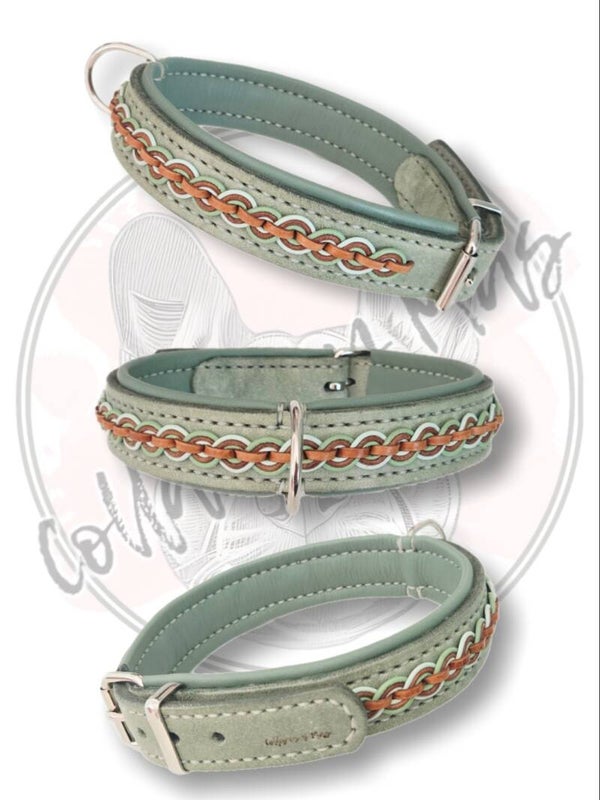 Adjustable Greased Leather Dog Collar - Limited Edition - Sage green - W: 32mm