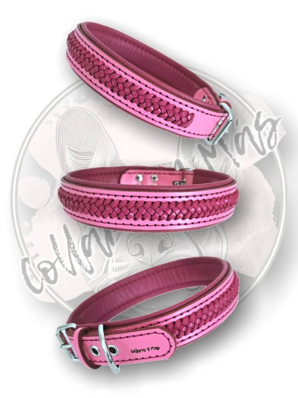 Premium Adjustable Saddle Leather Dog Collar - Pink - W: 31mm