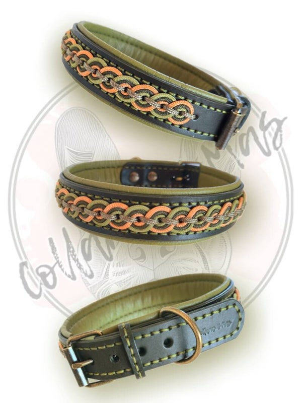 Unique Military Green Saddle Leather Dog Collar - Green - Golden Copper - W: 30mm