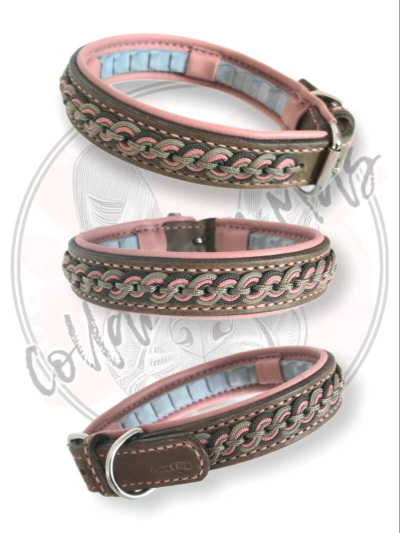 Leather dog collar with paracord - Olive green and dusty pink
