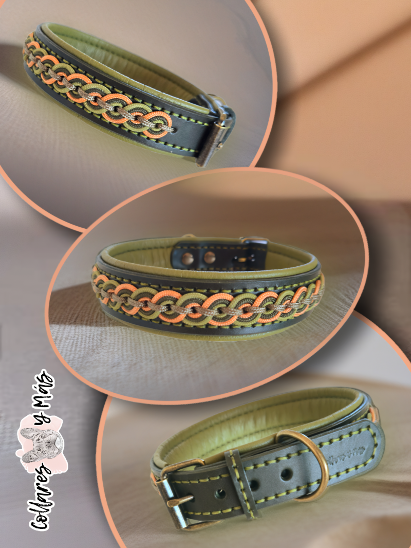 Military green saddle leather dog collar 