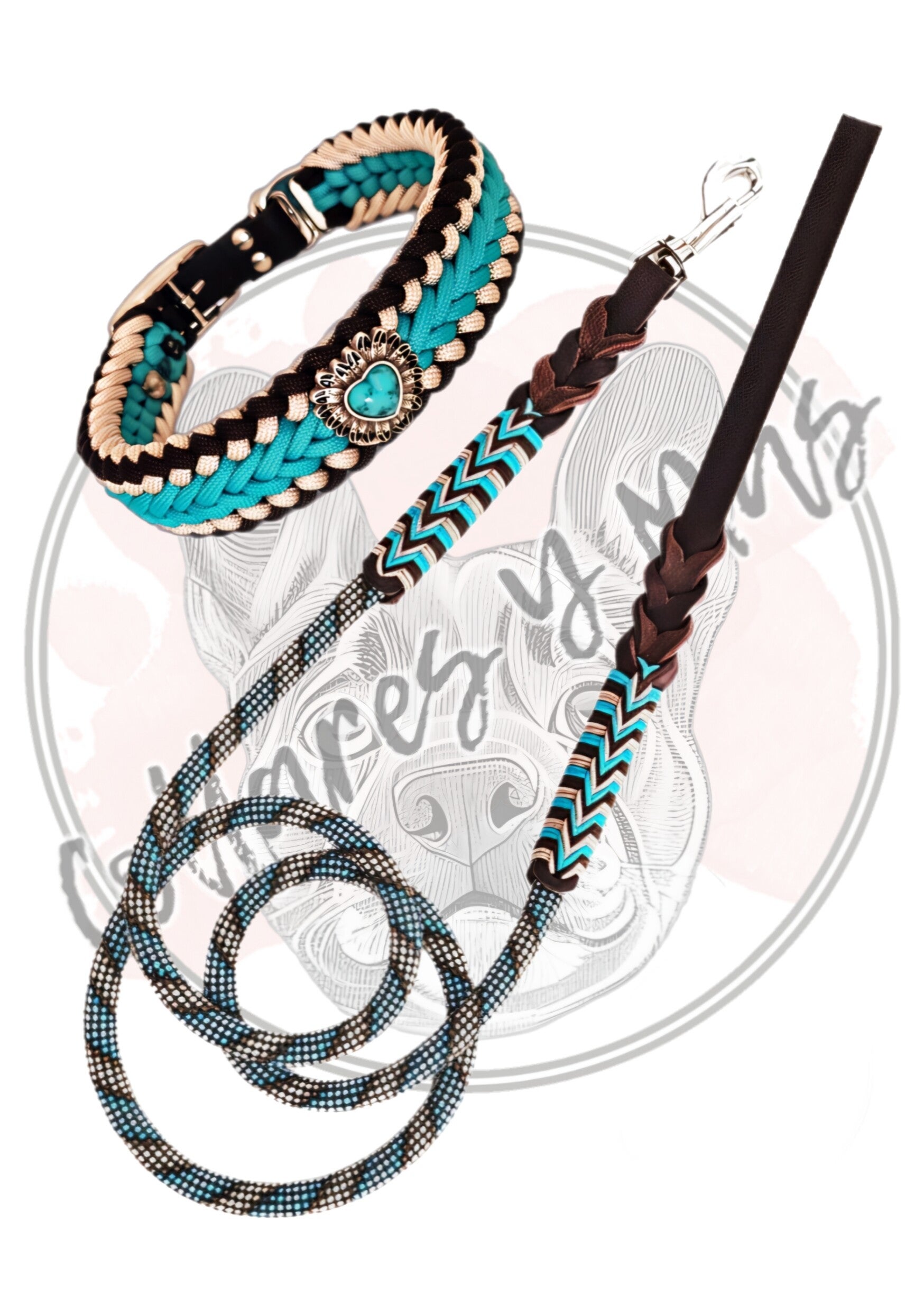 Paracord collar and leash set brown turqoise