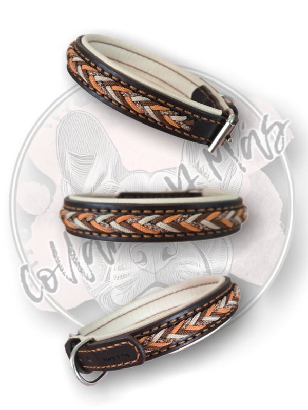 Luxurious Adjustable Saddle Leather Dog Collar - Brown - Cream - W: 23mm
