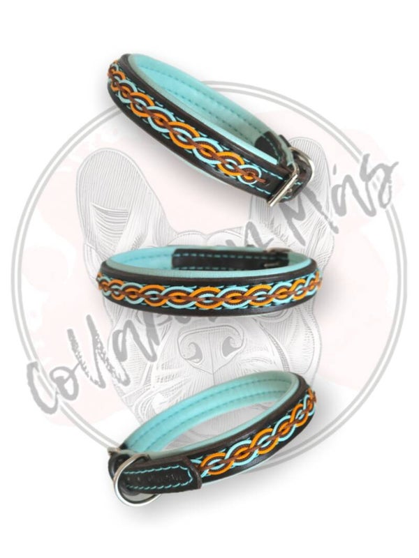 Luxurious Adjustable Saddle Leather Dog Collar - Dark Brown - Turquoise - W: 19mm