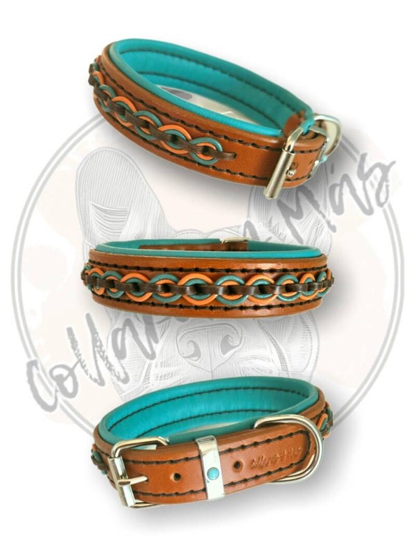 Luxurious Adjustable Saddle Leather Dog Collar - Cognac - Aqua - W: 23mm