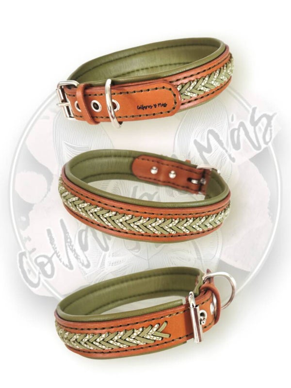 Luxurious Adjustable Saddle Leather Dog Collar - Cognac - Moss Green - W: 32mm