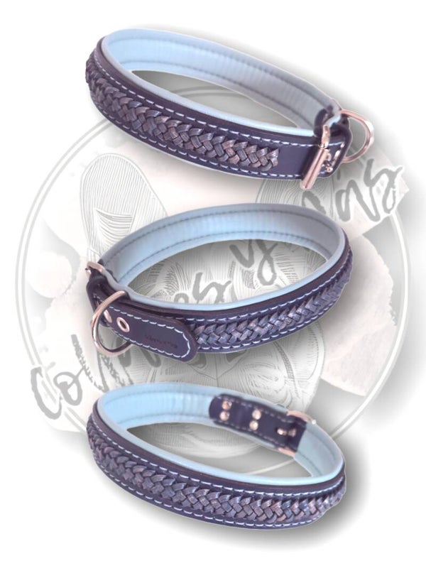 Premium Adjustable Saddle Leather Dog Collar - Navy Blue - W: 30mm