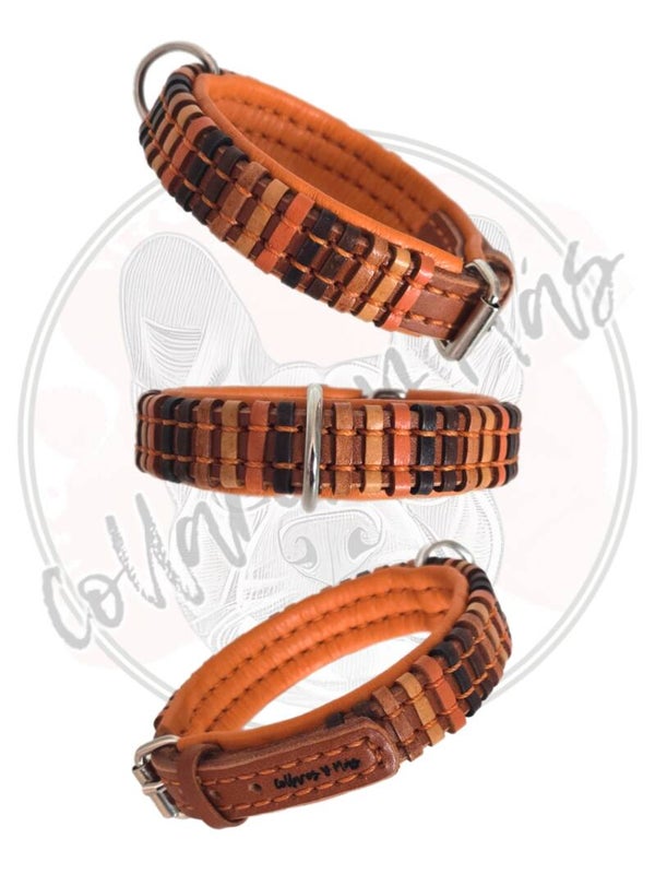 Adjustable saddle leather dog collar - Stripes - W: 18mm