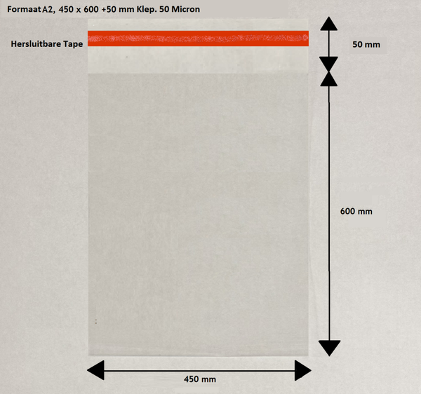 Plastic zakken A2 - 450x600+50 mm klep - zakken met plakstrip - 50 micron - Transparant - PP zakjes 100% recyclebaar  - Onbedrukt