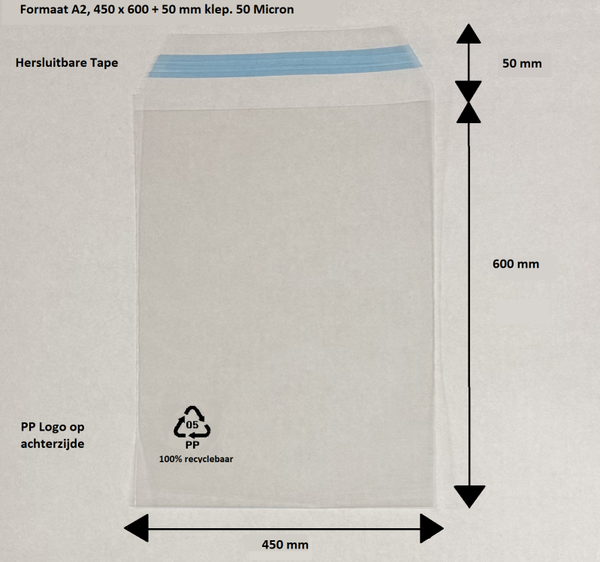 Plastic zakken A2 - 450x600+50 mm klep - zakken met plakstrip - 50 micron - Transparant - PP zakjes 100% recyclebaar