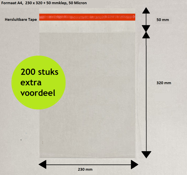 200 Plastic zakjes A4 - 230x320+50 mm klep - zakjes met plakstrip - 50 micron - Transparant - PP zakjes 100% recyclebaar - Onbedrukt