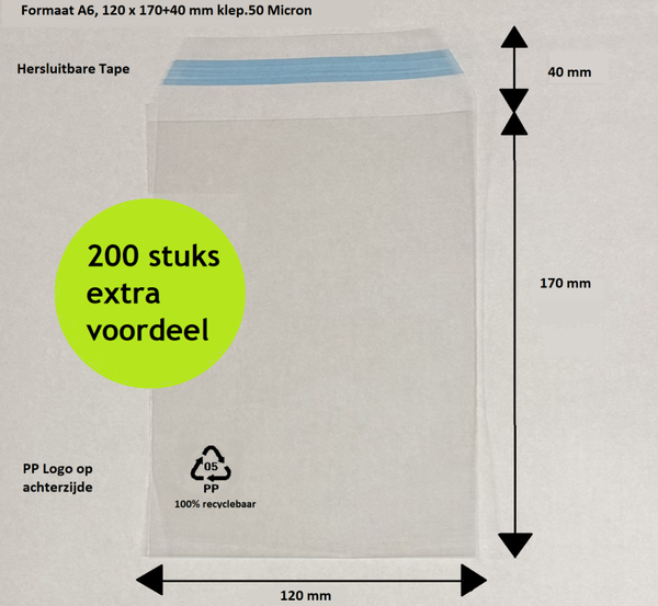 200 Plastic zakjes A6 - 120x170+30 mm klep - zakjes met plakstrip - 50 micron - Transparant - PP zakjes 100% recyclebaar