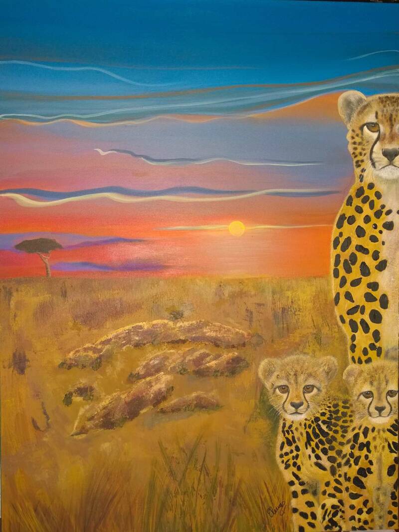 "Cheetah Mom with cubs".  Acrylic with gel mediums on Canvas  30"x40".