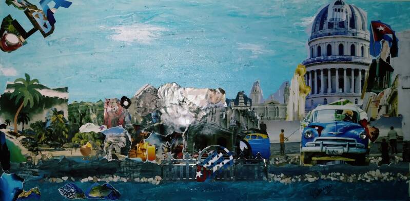 "La Habana at daytime". Acrylic collage on canvas. 10"x24".