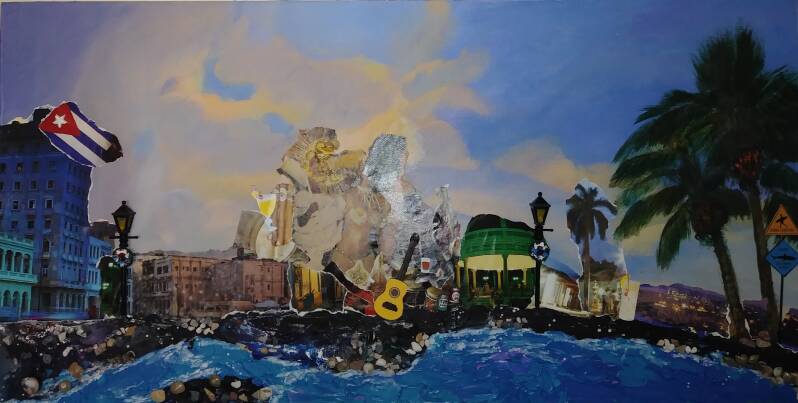 "La Habana at night". Acrylic collage on canvas. 10'x24".