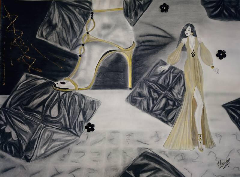 "Gold shoes". Charcoal & Gouache on Stonehenge Paper. 18"x24".
