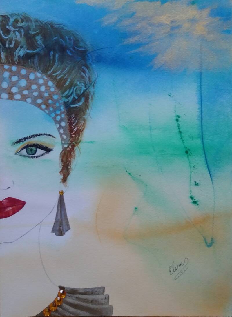 "Diana the Greek". Watercolor collage on Archer Cold Pressed Paper. 10"x14".