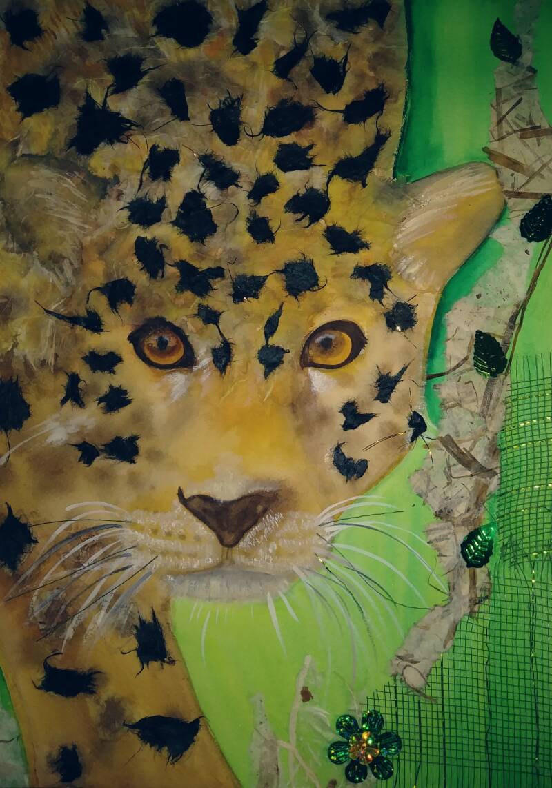 "Jaguar Collage".  Watercolor collage on Archer Cold Pressed Paper. 10"x14".