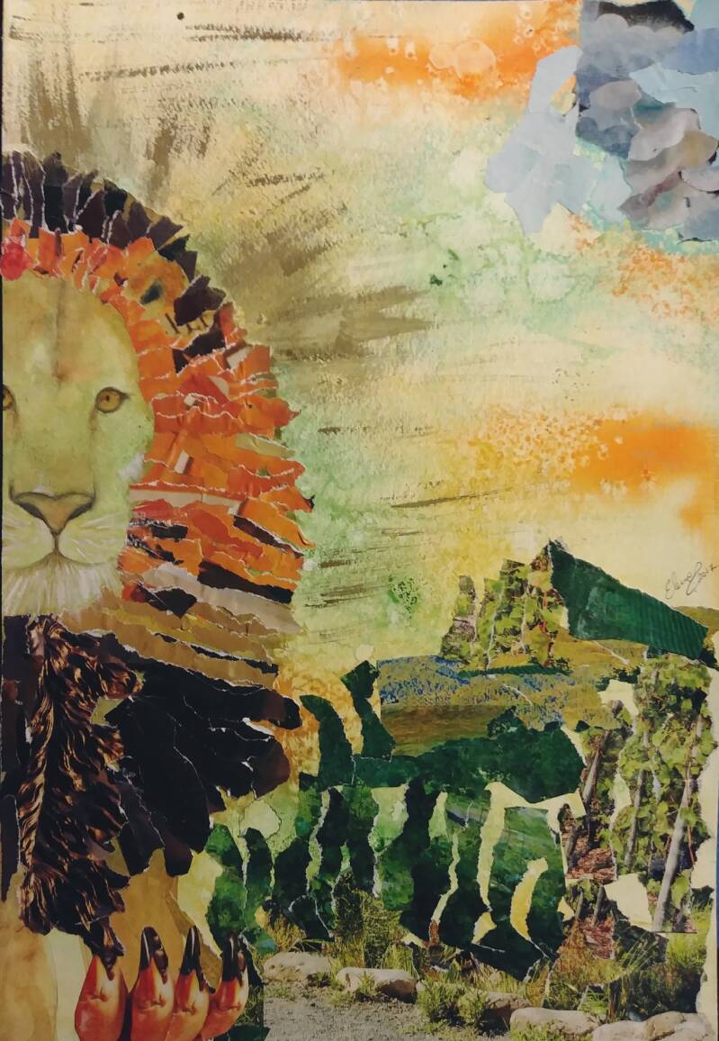 "Lion Sol". Watercolor collage on Canson Cold Press Paper. 11'x18"".