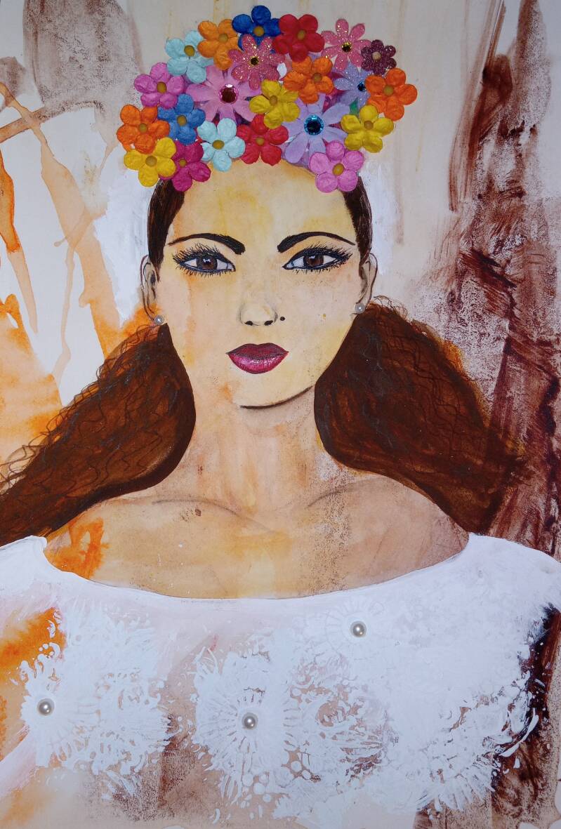 "Maria". Watercolor collage on Archer Hot Pressed Paper. 7"x10".