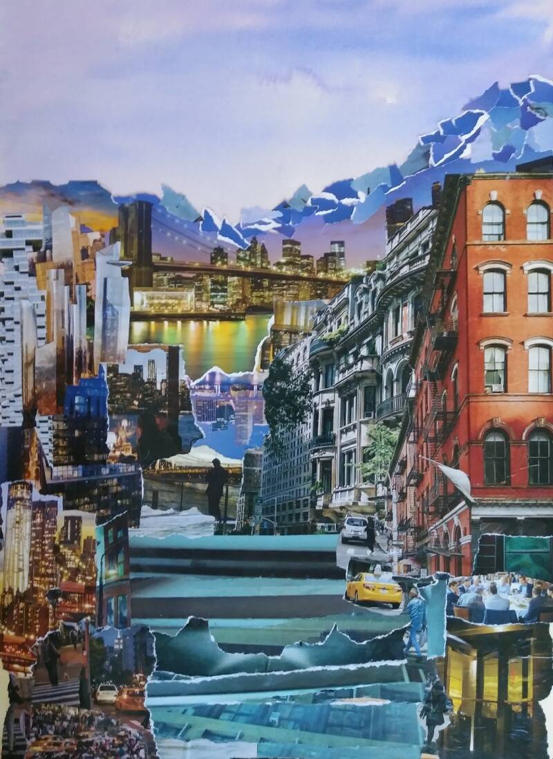 "New York Collage". Watercolor collage on Canson Cold Pressed Paper. 12"x18".